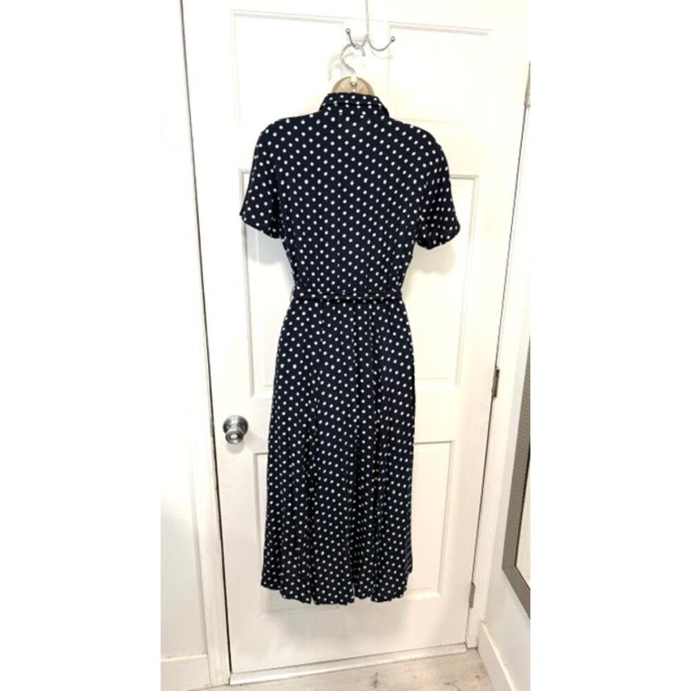 Orvis Polka Dot Midi Shirt Dress Size 6 Navy Blue Rayon Button Front Pockets - Picture 7 of 13